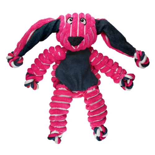 Pink and black striped plush rabbit shaped toy with long dangling limbs.