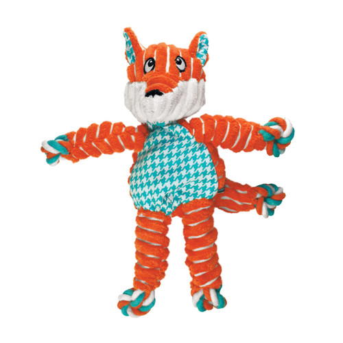 Orange and blue striped fox shaped plush toy with floppy limbs.