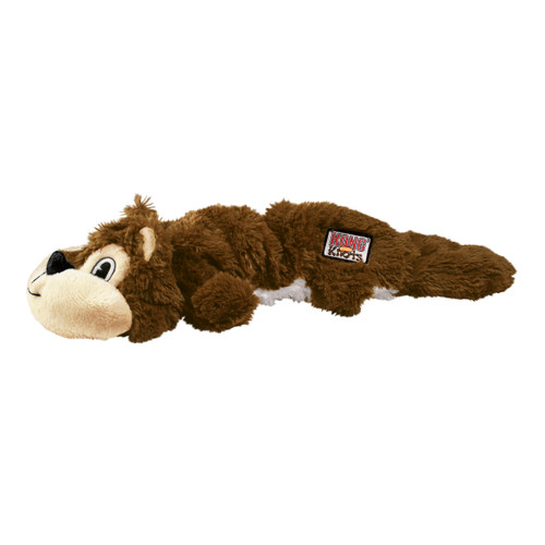 Plush squirrel dog toy with flat tail and stitched details.