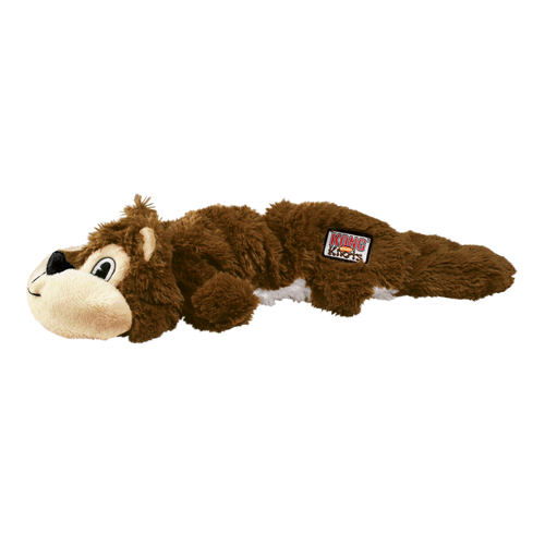 Plush squirrel dog toy with flat tail and stitched details.
