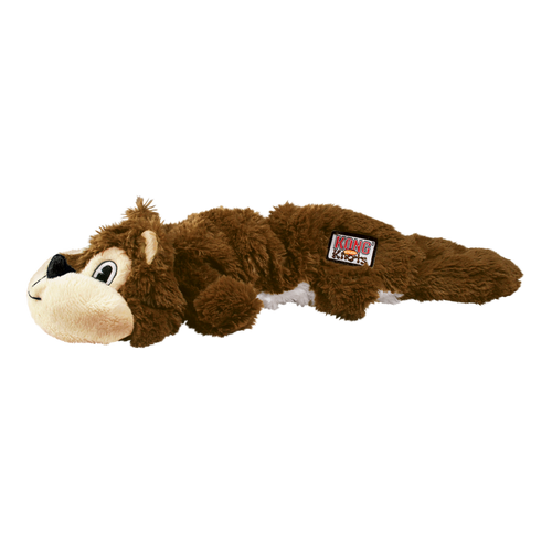 Plush squirrel dog toy with flat tail and stitched details.