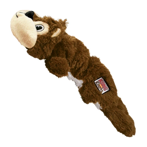 Plush squirrel dog toy with flat tail and stitched details.