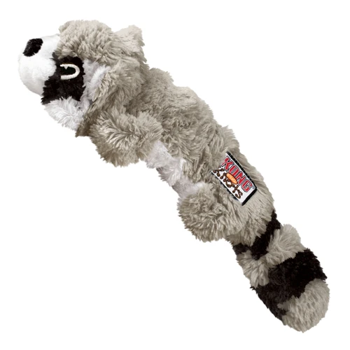 Plush raccoon dog toy with striped tail and embroidered facial feature.