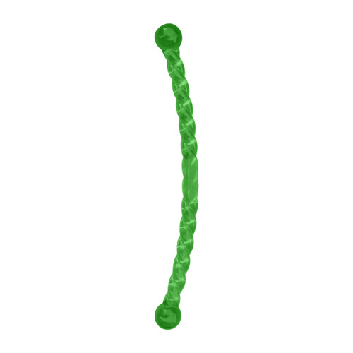 Green twisted hard dog toy with balled handle.