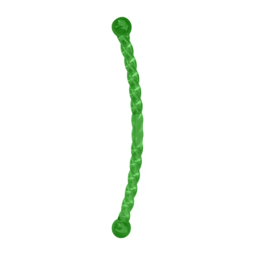 Green twisted hard dog toy with balled handle.