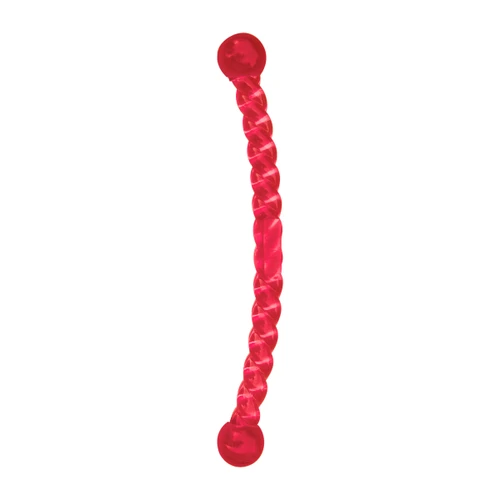 Red twisted hard dog toy with balled handle.