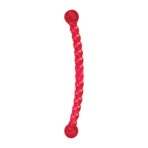 Red twisted hard dog toy with balled handle.