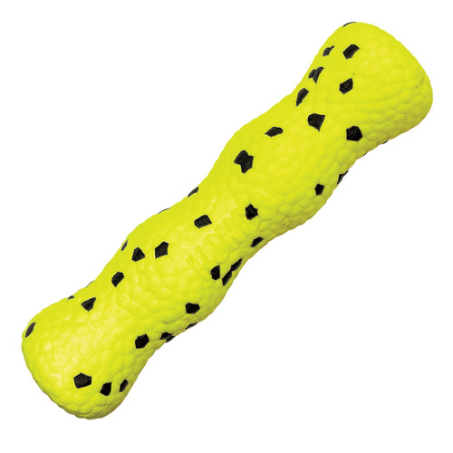 Bright Yellow with black dots bone-shaped dog toy with raised bumps.