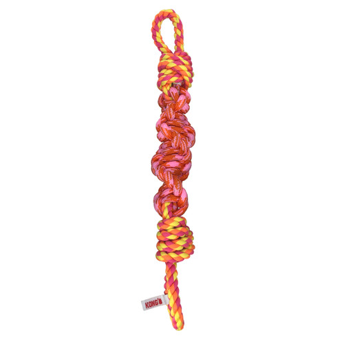 Pink and orange twisted rope dog toy with knotted ends and chewable texture.