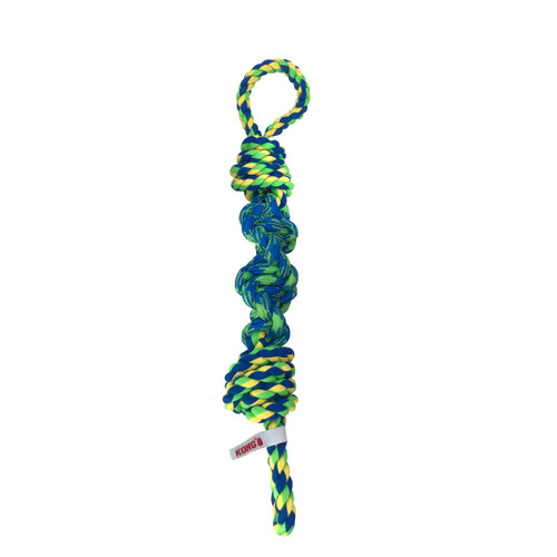 Blue and Green twisted rope dog toy with knotted ends and chewable texture.