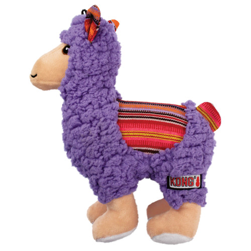 Plush purple llama dog toy with fuzzy texture and stitched smile.
