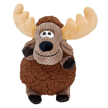 Plush moose dog toy with antlers and soft rounded brown body.