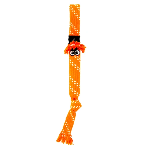 Orange and yellow twisted rope dog toy featuring a playful figures face.