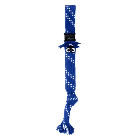 Orange and yellow twisted rope dog toy featuring a playful figures face.
