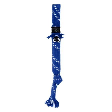Orange and yellow twisted rope dog toy featuring a playful figures face.