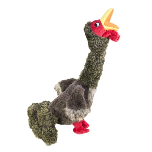 Plush turkey dog toy with long neck, and floppy wings.