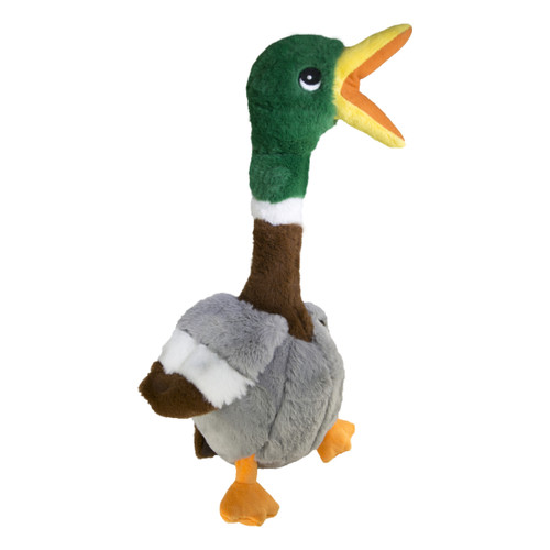 Plush mallard duck dog toy with long neck, and floppy wings.