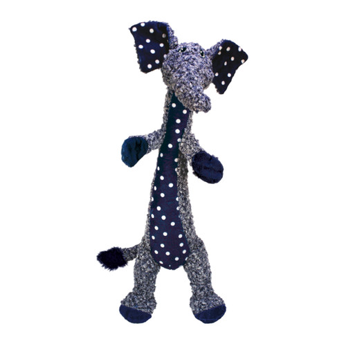 Plush blue elephant  plush dog toy with long thin body.