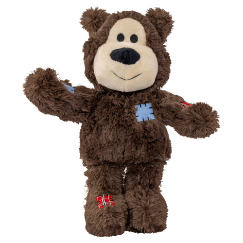 Brown plush bear dog toy with stitched face and soft body.