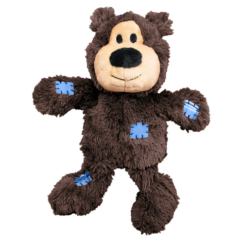 Brown plush bear dog toy with stitched face and soft body.