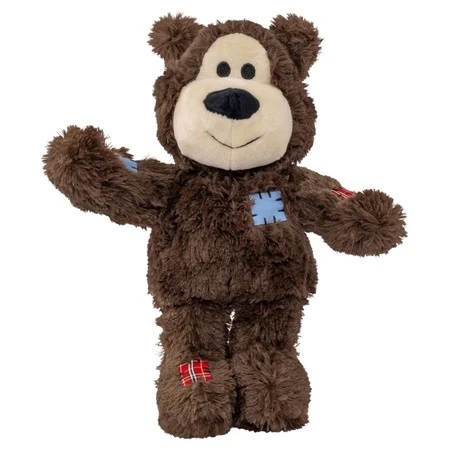 Brown plush bear dog toy with stitched face and soft body.