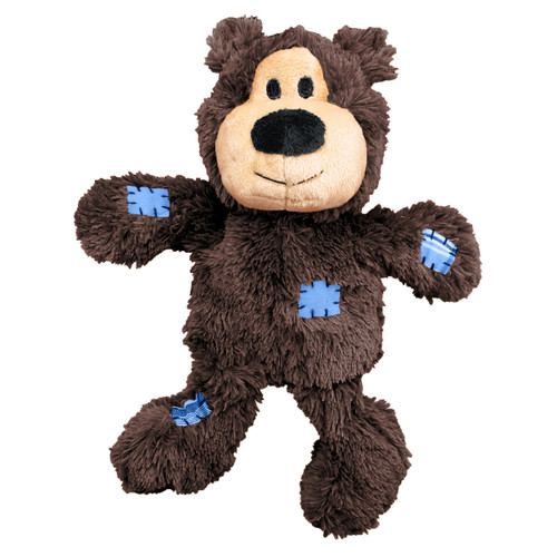 Brown plush bear dog toy with stitched face and soft body.