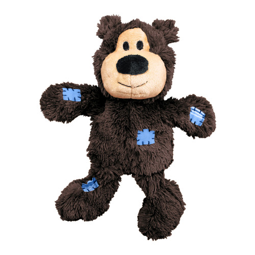 Brown plush bear dog toy with stitched face and soft body.