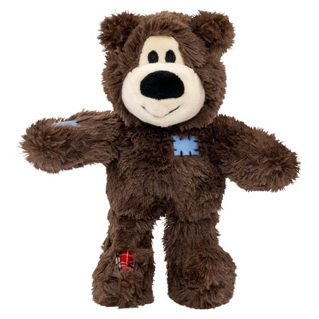 Brown plush bear dog toy with stitched face and soft body.