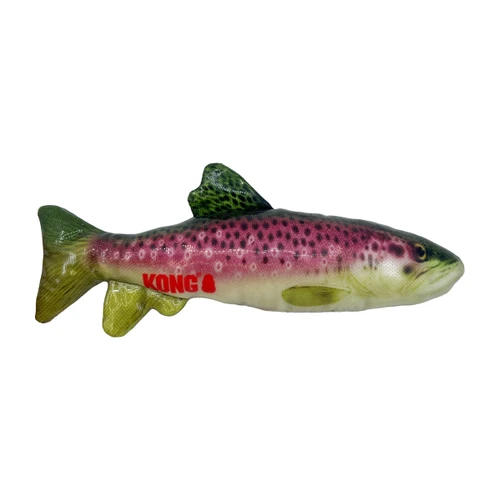 Ranbow Trout Fish-shaped dog toy in green, pink, and white.