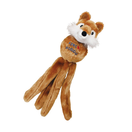 Brown plush fox  dog toy with long tethered ends and floppy ears.