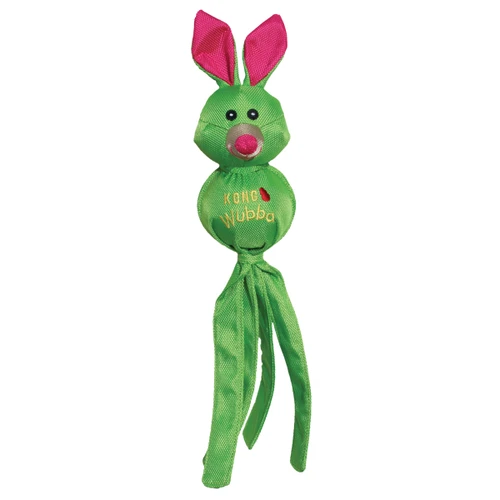 Green Rabit character toy with round head and tethered legs.