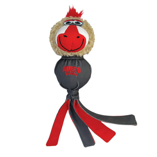Black and red Mandril toy with round head and tethered legs.