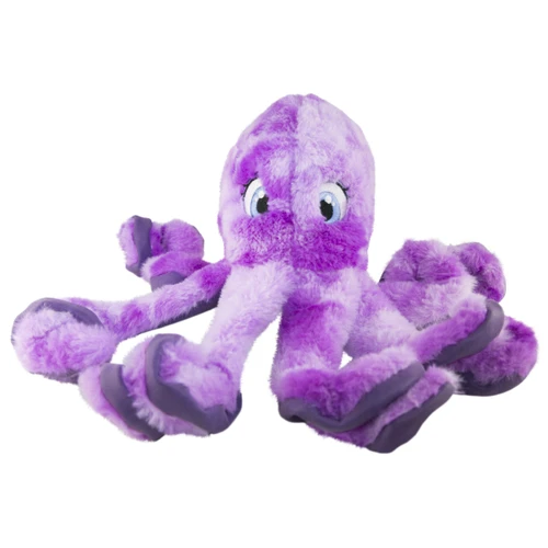 Purple plush Octopus dog toy with long neck and stitched features.