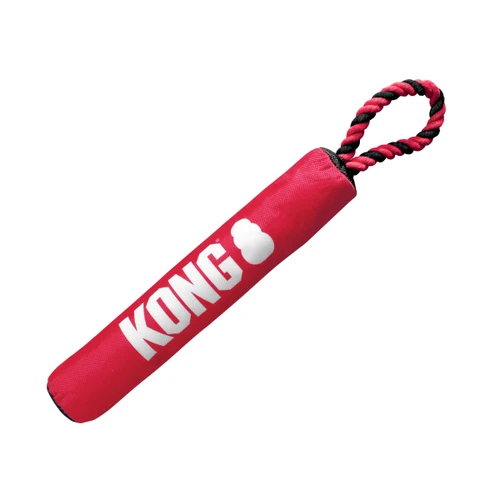 Red ballistic material- stick dog toy with “KONG” branding and rope handle.