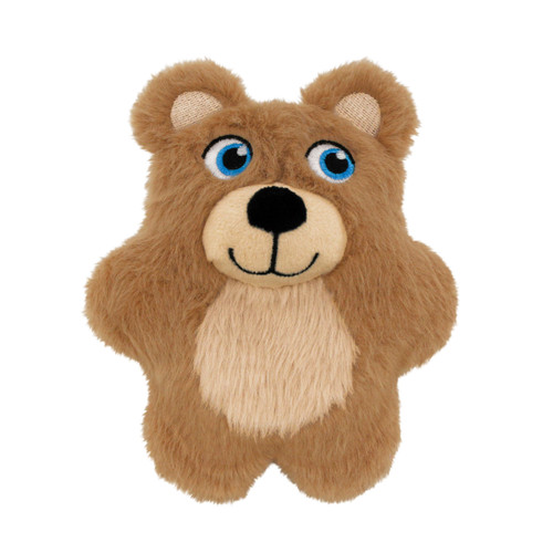 Brown Bear plush dog toy with short limbs and stitched face.