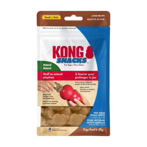 Brown KONG shaped dog treat. Shown in its retail packaging.