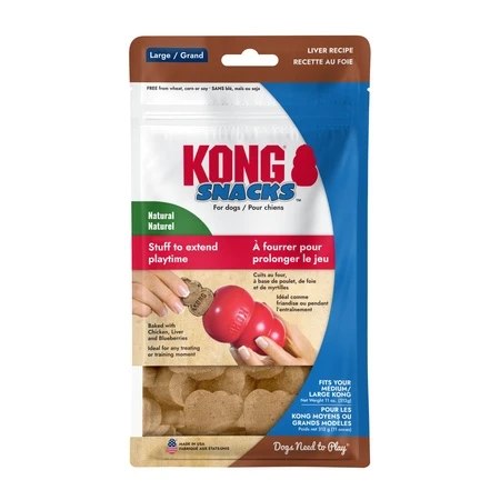 Brown KONG shaped dog treat. Shown in its retail packaging.