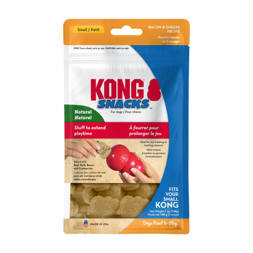 Tan KONG shaped dog treat. Shown in its retail packaging.