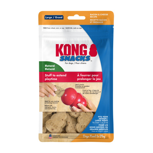 Tan KONG shaped dog treat. Shown in its retail packaging.