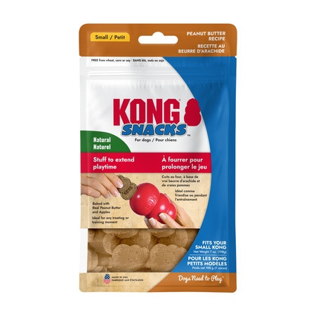 Brown KONG shaped dog treat. Shown in its retail packaging.