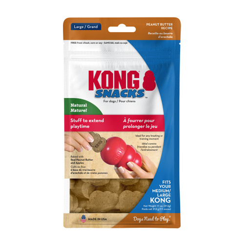 Brown KONG shaped dog treat. Shown in its retail packaging.