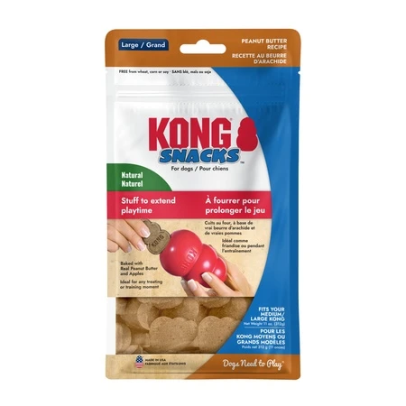 Brown KONG shaped dog treat. Shown in its retail packaging.