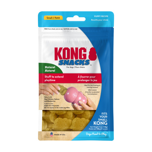 Tan KONG shaped dog treat. Shown in its retail packaging.