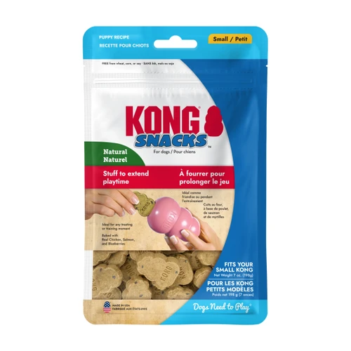 Tan KONG shaped dog treat. Shown in its retail packaging.