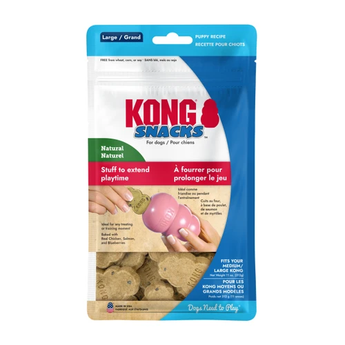 Tan KONG shaped dog treat. Shown in its retail packaging.