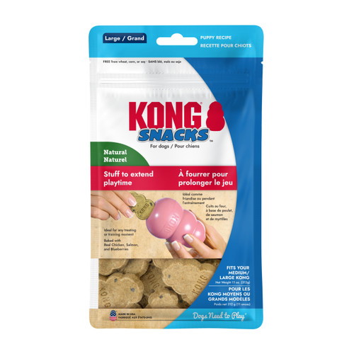 Tan KONG shaped dog treat. Shown in its retail packaging.