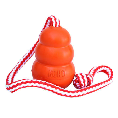 Orange KONG-shaped dog toy with red and white rope attached.