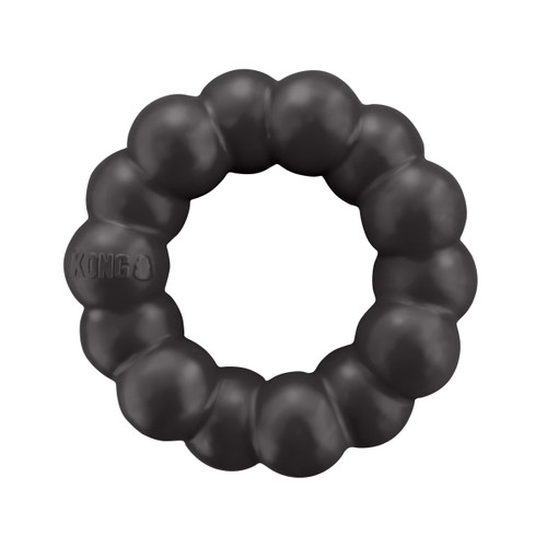 Black ring shaped dog toy with rounded texture all the way around.