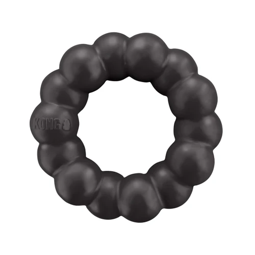 Black ring shaped dog toy with rounded texture all the way around.
