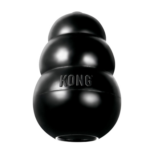 Black natural rubber KONG shaped dog toy with three tiers and “KONG” embossed.